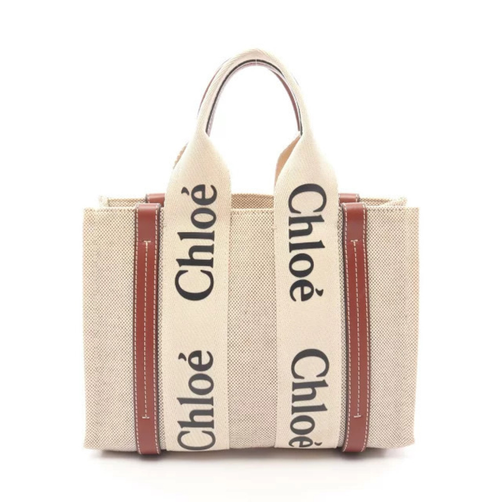 Chloe Woody Tote Bag Canvas Leather Beige Cream Brown